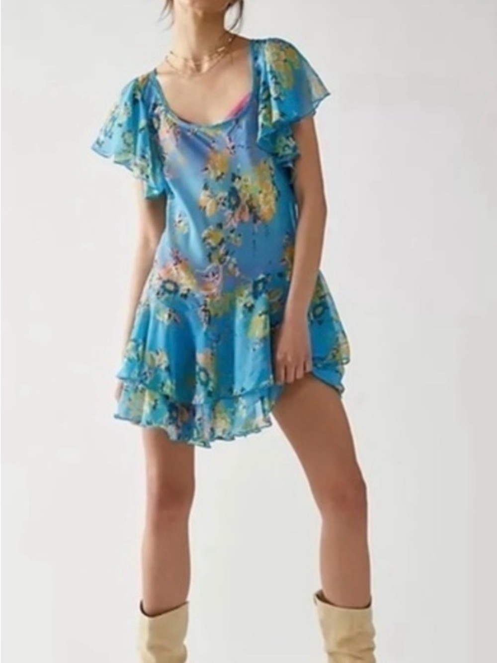 Free People Blue Floral Ruffle Mini Dress